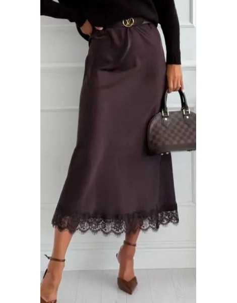 COLLECTION ITALIENNE JUPE FEMME LONGUE avec dentelle satinée brun foncé