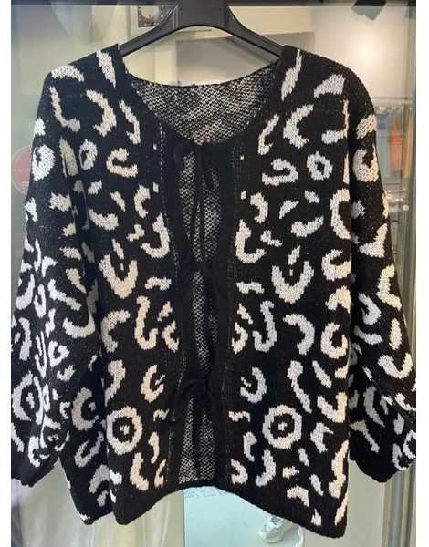 COLLECTION ITALIENNE CARDIGAN FEMME imprimé léopard à liens noués noir